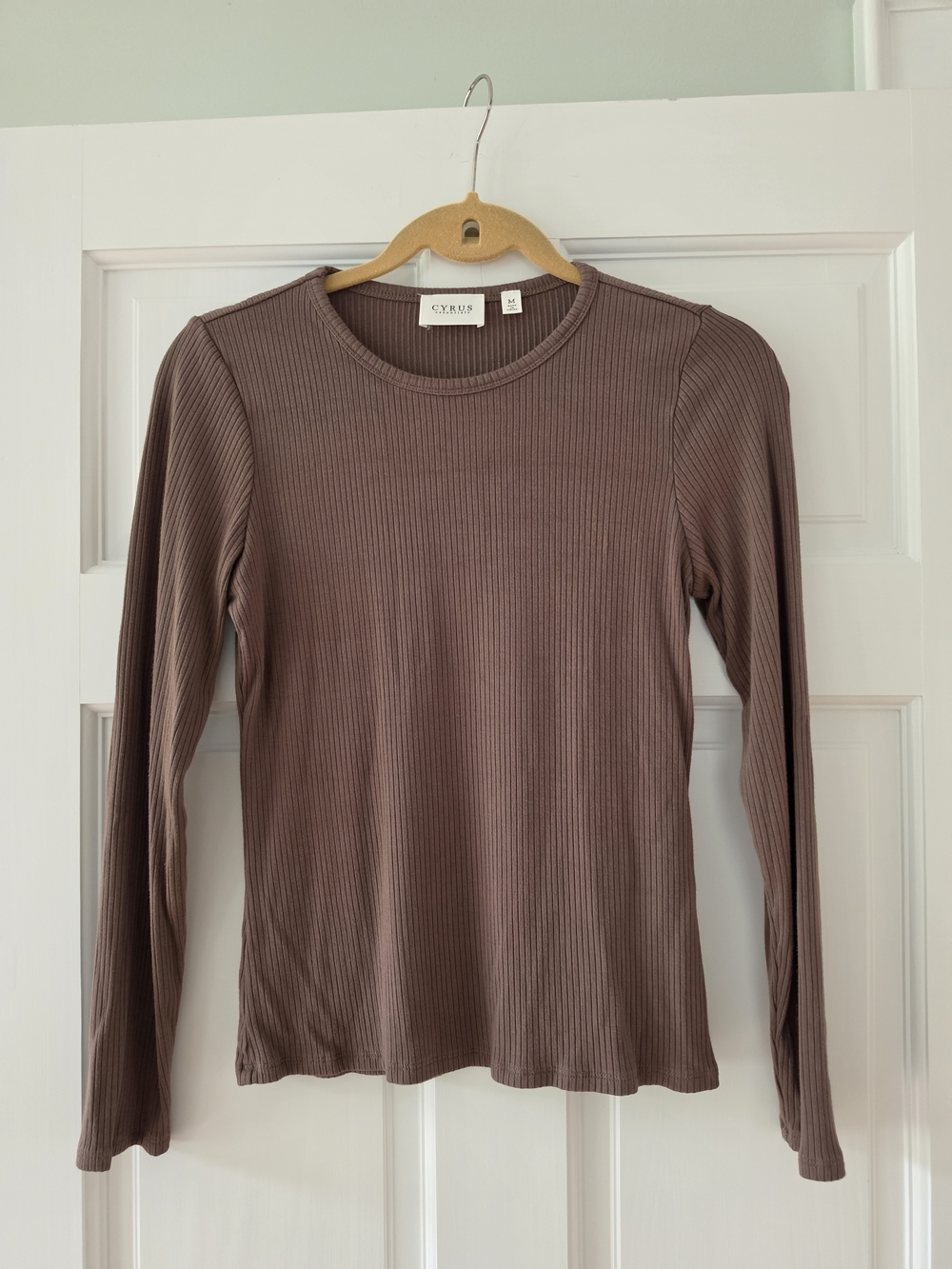 Cyrus Ribbed Long-Sleeve Crewneck Top in Taupe Brown/Brown